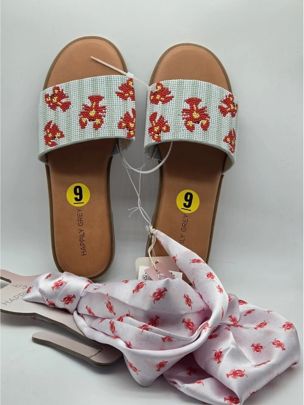 Happily Grey Lobster Beaded Slide Sandals w/ Matching Scarf Size 9 NWT